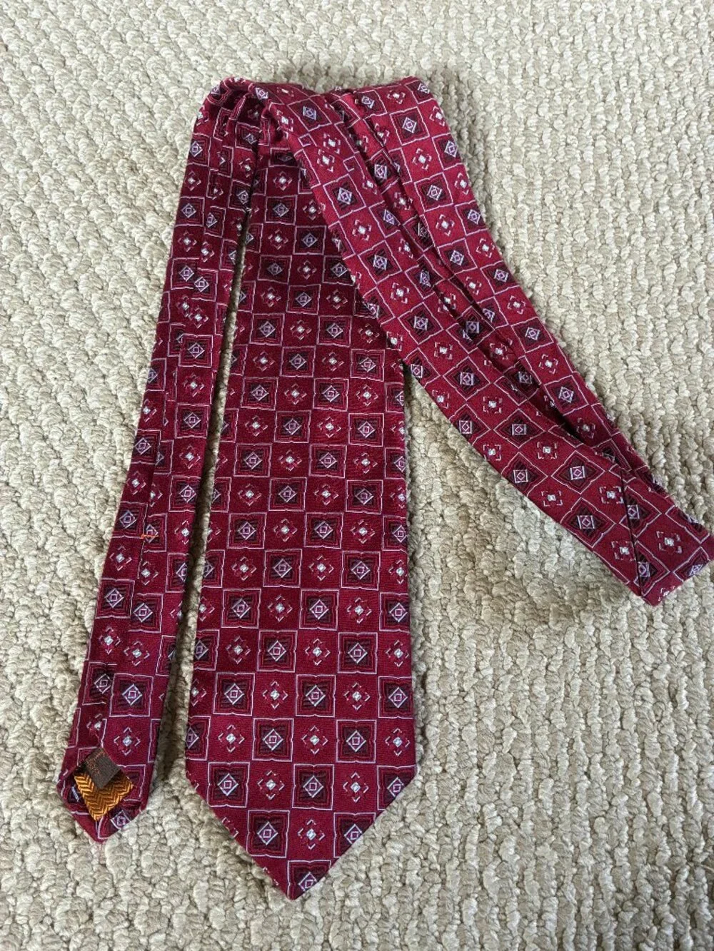 Red Geometric Chelsea Talbott Wide Tie Silk Made in USA